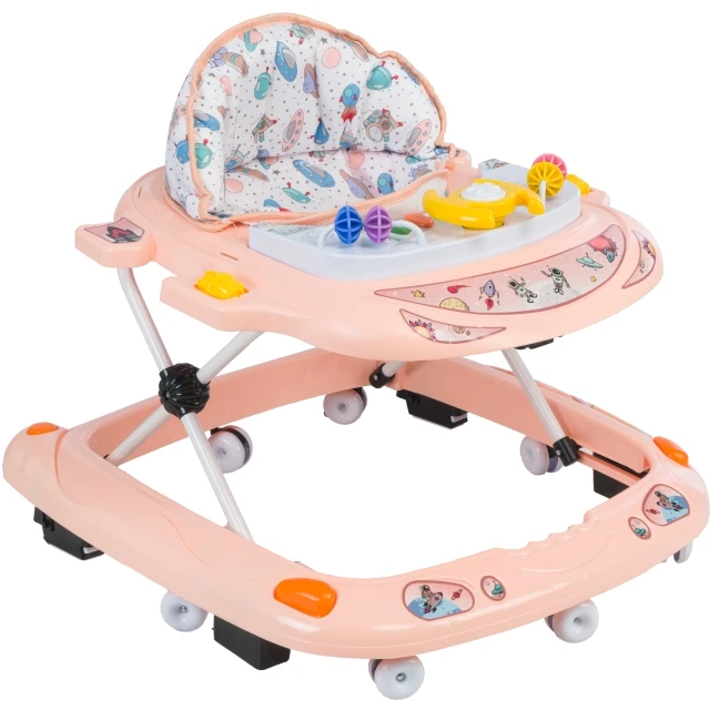 Best Seller 10-Wheel Rotating Baby Walker Toddler Walkers Easy Folding Iron Frame Activity Toys with Light Button Music Tray