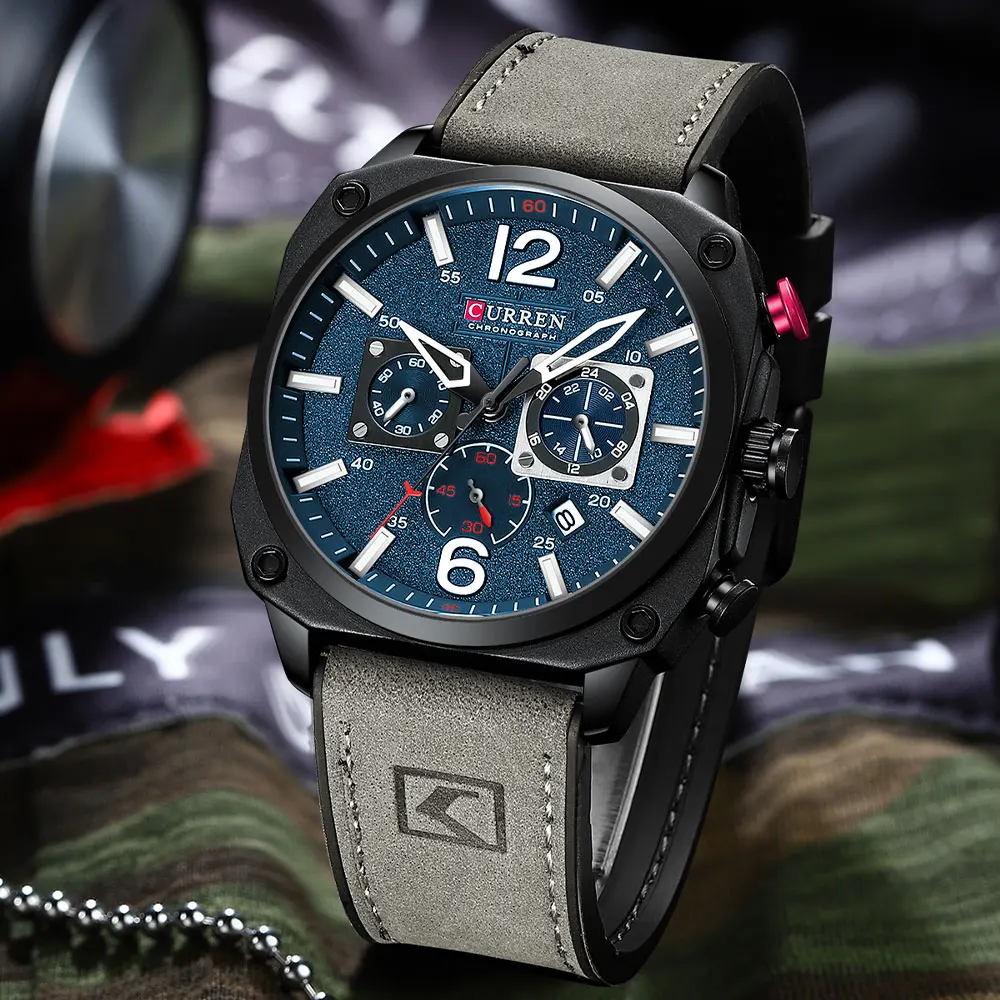 CURREN 8398 Brand Luxury Men Brown Quartz Wristwatches for Male Luminous Chronograph Dial Leather Clock Casual Sports Watch