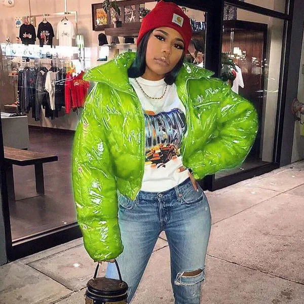 2021 Fashion Turndown Collar Long Sleeve Bubble Coats Cropped Short Winter Coat Women PU Jackets Puffer Coats For Ladies-PT