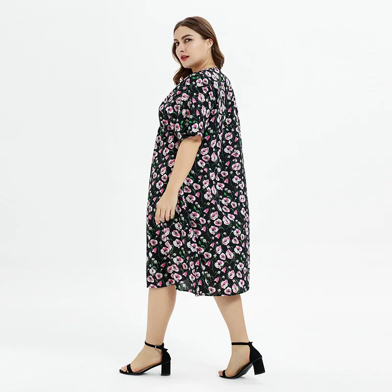 OEM ODM Black Color Deep V-Neck Plus Size Oversize Pink Flower Printed Clothing Big Women Casual Dress