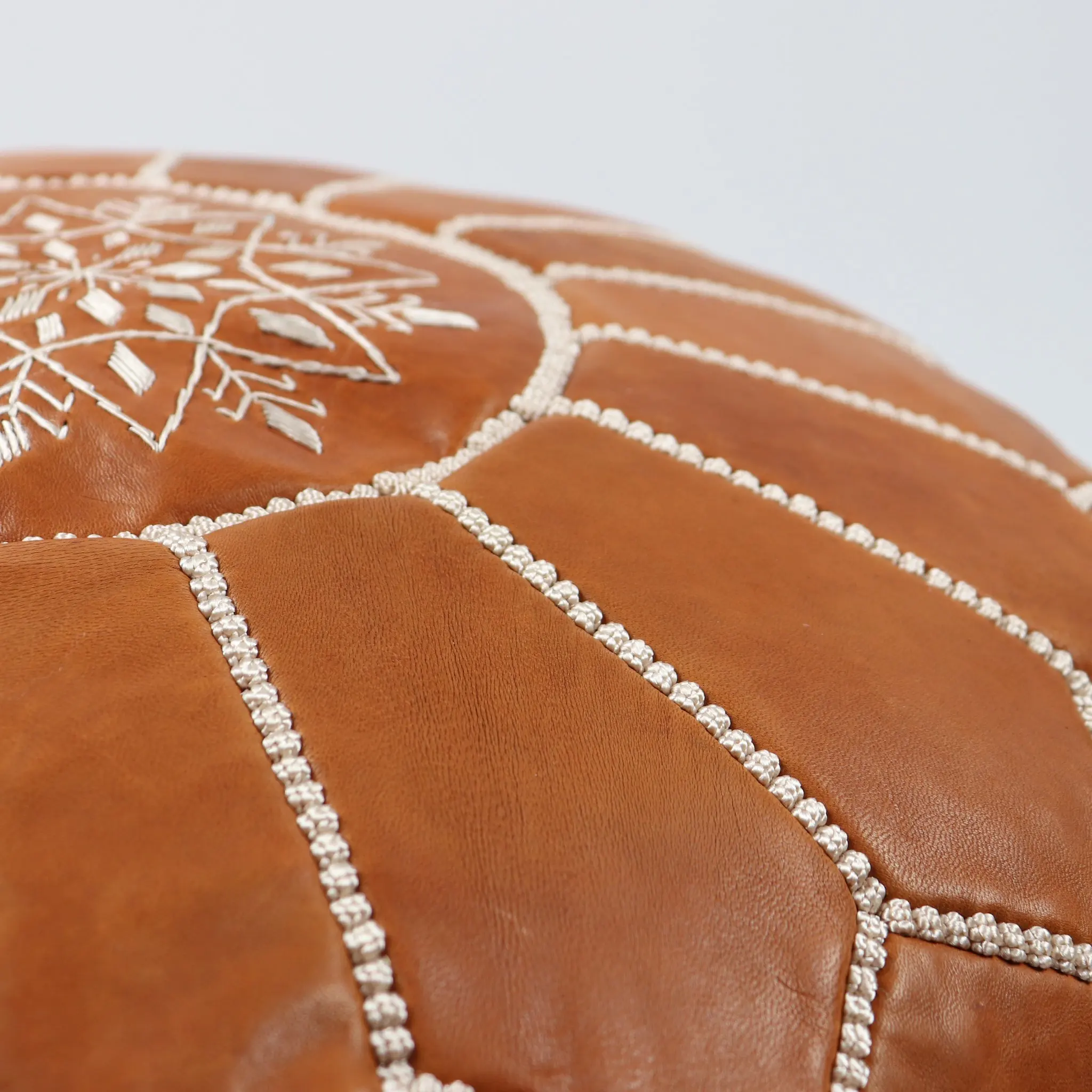 Moroccan handmade Leather Pouf Cognac color