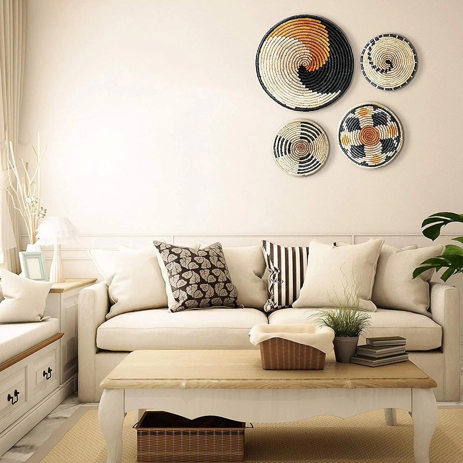 Wicker Wall Basket Decor Set of 4 Oversized, Hanging Natural Woven Seagrass Flat Baskets, Round Boho Wall Basket Decor