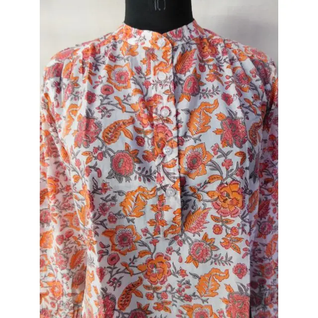 floral hand block printed stylish bohemian hippie design indian handmade women short women shirts long sleeves party wear blouse
