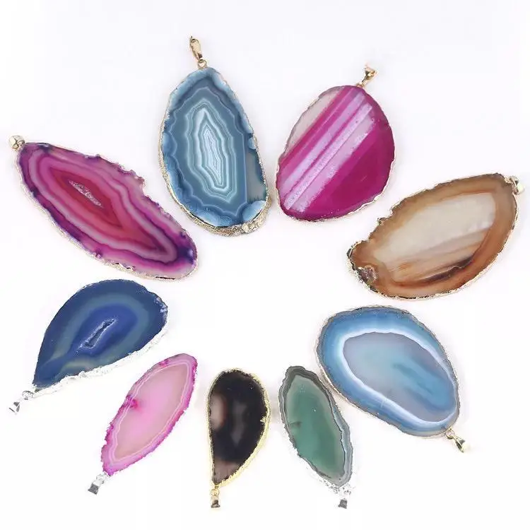NEW Premium MULTI COLOR AGATE PENDANTS / Natural crystal IRREGULAR SHAPE PENDANTS GOLD PLATED WITH HIGH QUALITY