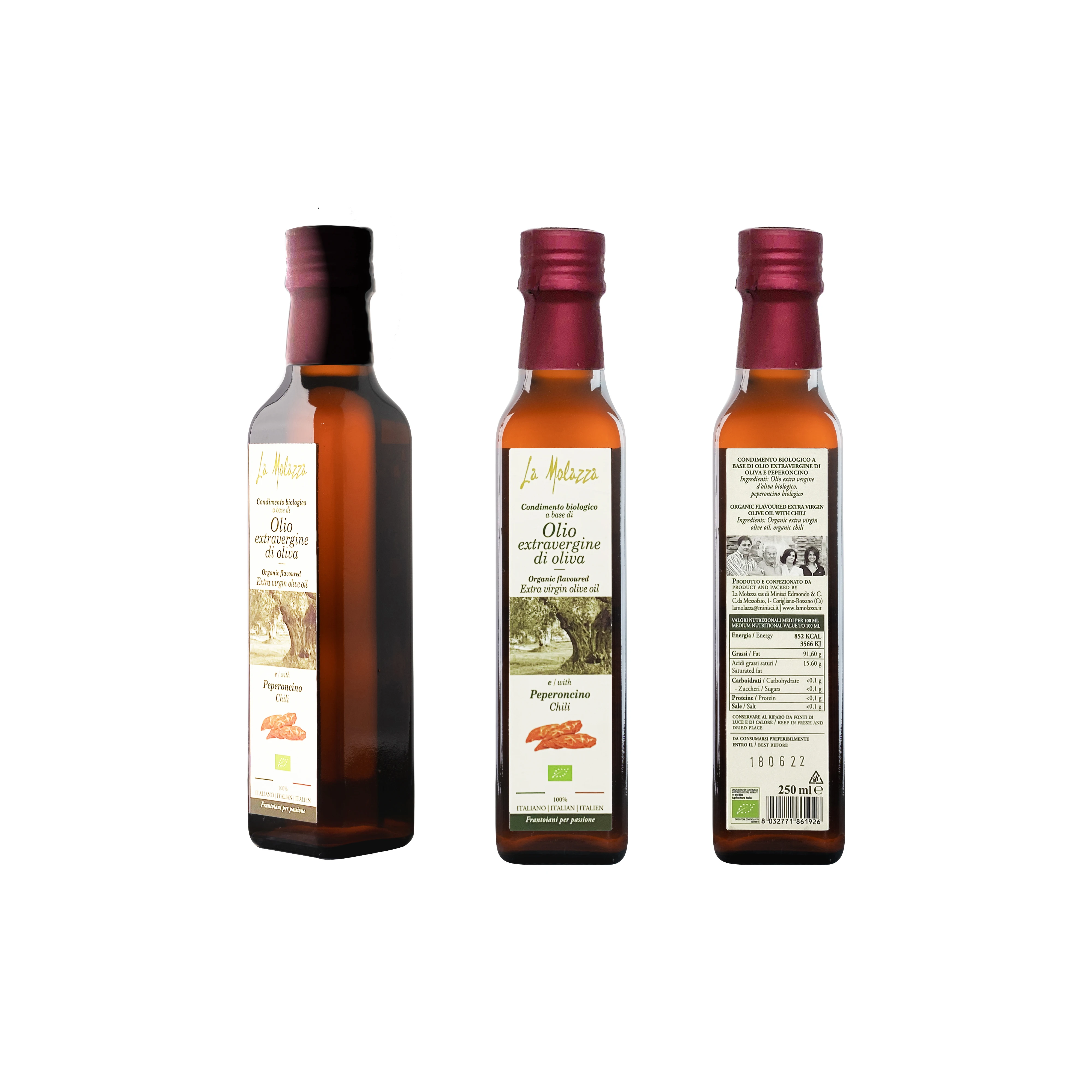 100% Italian Organic Extra Virgin Olive Oil 0.25L flavored with certified natural chilli pepper, excellent for dressing
