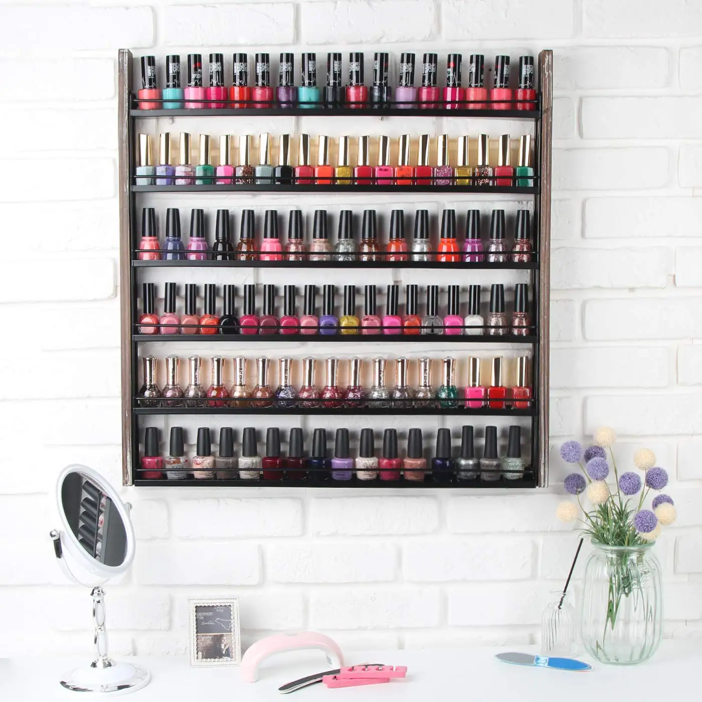 Rustic Wood Nail Polish Organizer with 6 Tier shelves 100 bottles