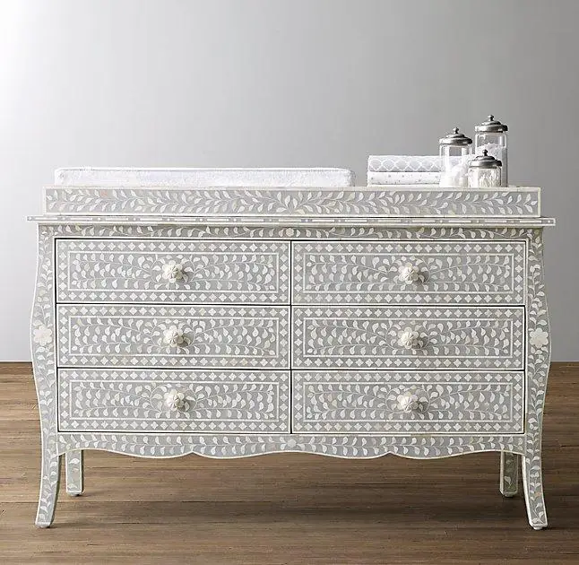 Luxury Bone Inlay Drawer Chest Floral Multi Color Bone Inlay Table Top With Best Quality Bone/Mother Of Pearl Inlay Drawer Chest