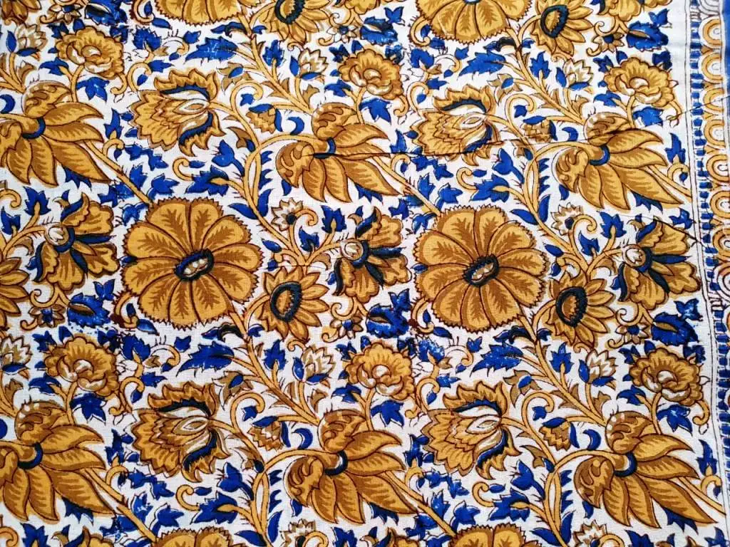 Pure Cotton Fabric Yellow Floral Indian Hand Block Printed Shrink Resistant Fabric for Home Textile at Wholesale Price
