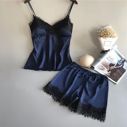 Женская летняя Пижама сексуальный пижамный комплект однотонная атласная пижама с регулируемыми бретельками топ и шорты женская ночная одежда домашняя костюм