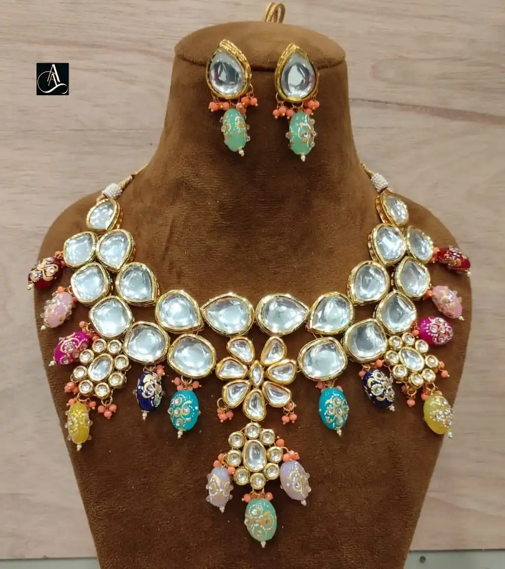 Big kundan stone and gold plated indian bridal heavy necklace with long earring in M Creation