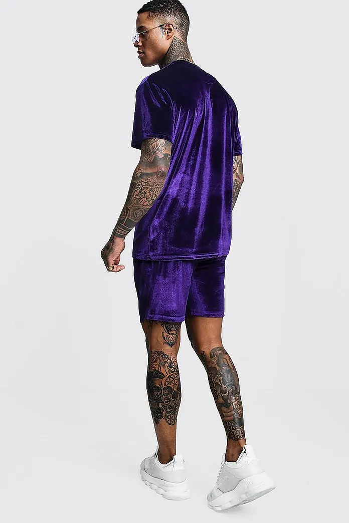  Оптовая продажа комплект из 2 частей для мальчиков с вышитым логотипом велюровый двойной шорты на шнуровке и футболка контрастным вырезом по низкой цене