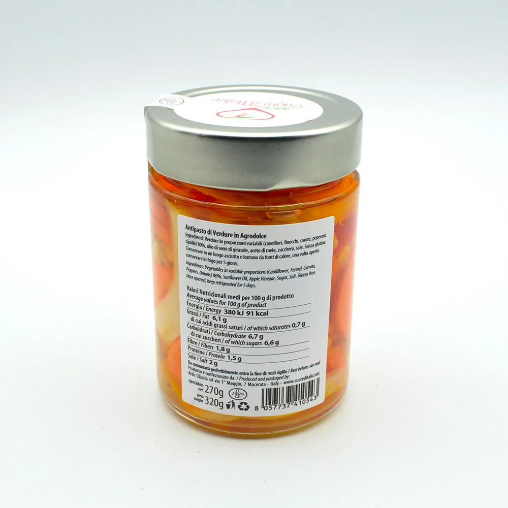 High Quality Italian Starter of Sweet and Sour Vegetables as entree as topping as ingredients ready to use gluten free