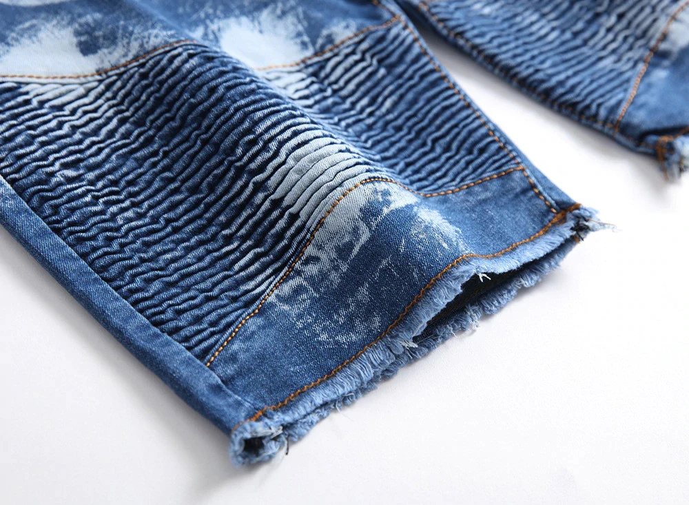 
High Street Style Men Distressed Zipper Casual Jeans Shorts Pants Summer Men Blue Denim Shorts Pleated Stretch Short Jeans 