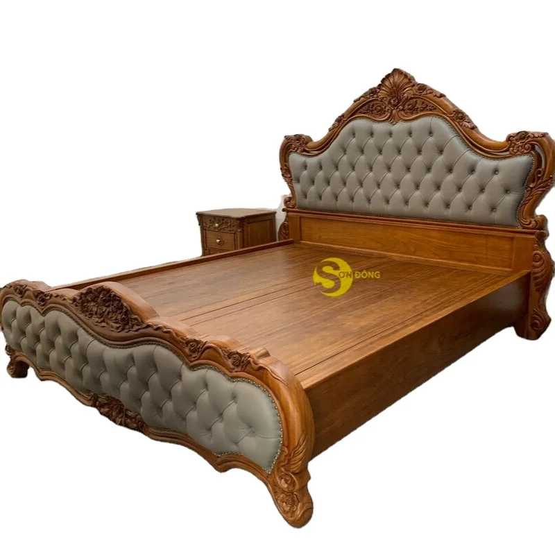 Королевская роскошная кровать/классическая двойная спальня высокого класса из натуральной древесины с итальянской воловьей кожей