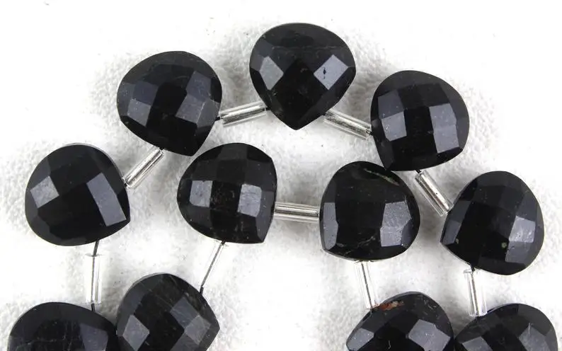 Top Quality 14 Pieces Strand Natural Black Tourmaline Gemstone Faceted Heart Shape Briolette Beads Wholesale