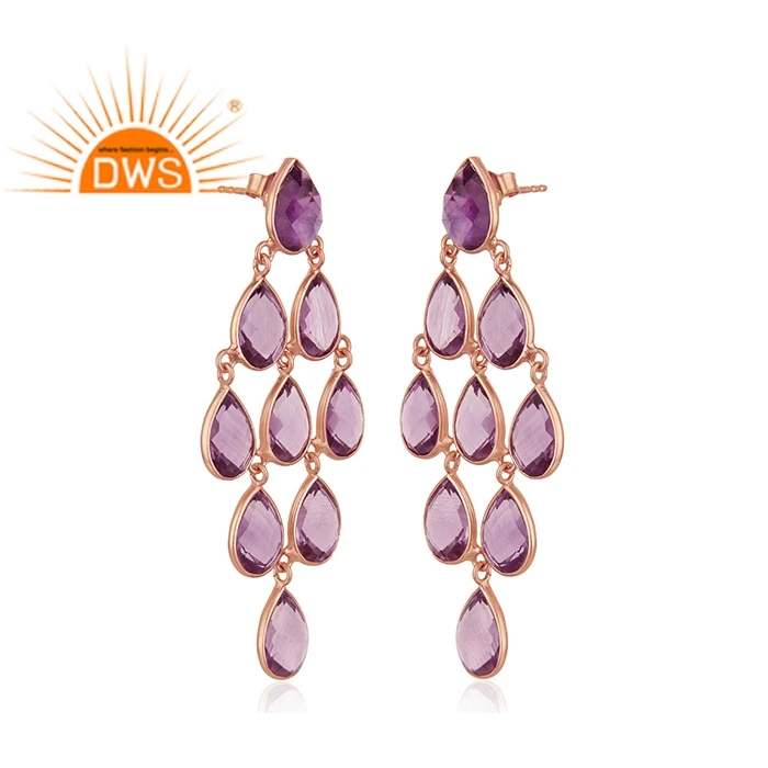 Amethyst Gemstone Dangle Earrings Chandelier Earring Rose Gold Plated 925 Sterling Silver Trendy Water Drop Natural Daily Life
