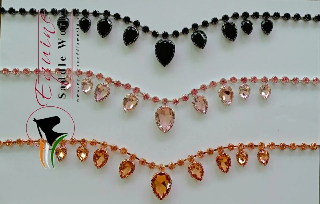 
EXPORT QUALITY HORSE BROW BAND WITH RED HANGING CRYSTALS LUXURY EQUESTRIAN WITH BACK OPEN STICKY TAPE AT LOOP. 