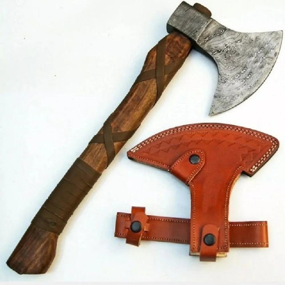 
Custom Handmade Damascus Steel Viking Style Axe Camping Axe High Quality Tactical Axe Hatches With leather sheath 