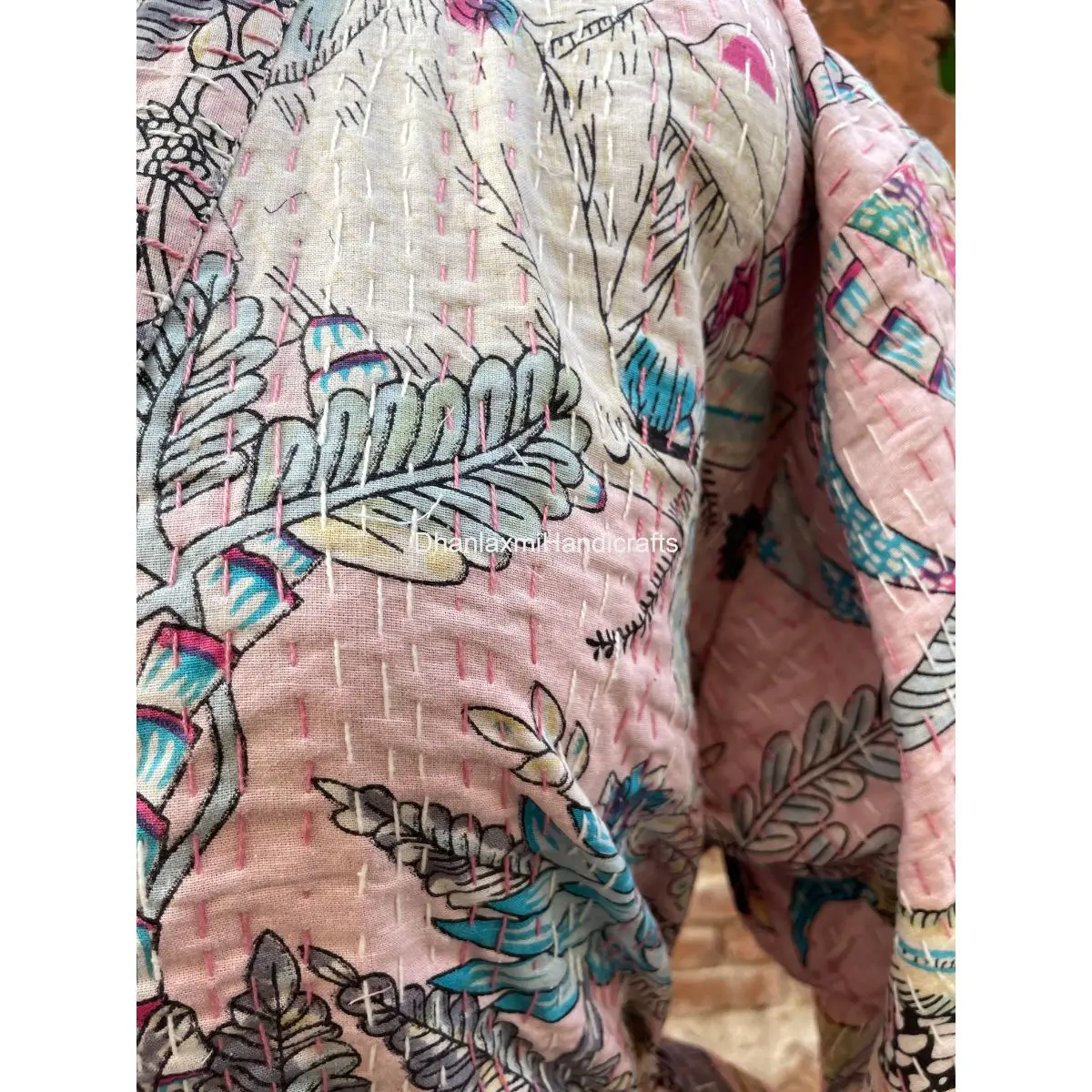 Pink Handmade Maxi Gown Dress Monkey Print Kimono Style Kantha Quilted Sleepwear Wholesale Indian Cotton Women Bath Robes