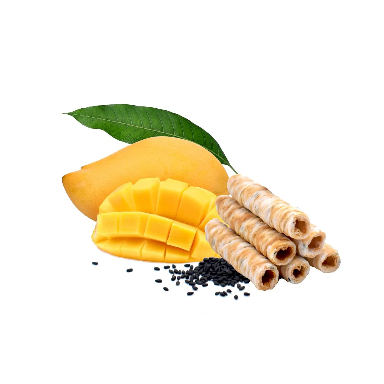 Fresh Coconut Milk, Mango Flavor, Crispy Coconut Rolls Made From Real Coconut Milk Gluten Free And Mango Smoothie.