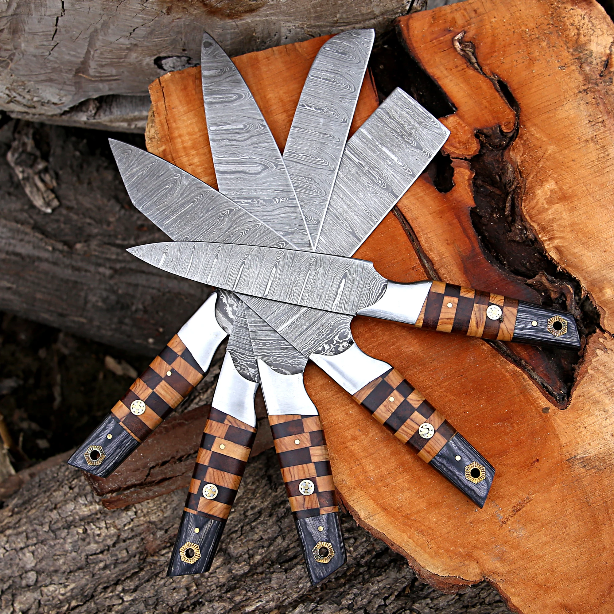 Набор ножей шеф-повара из дамасской стали ручной работы с кожевенным рулоном оптовая продажа острые