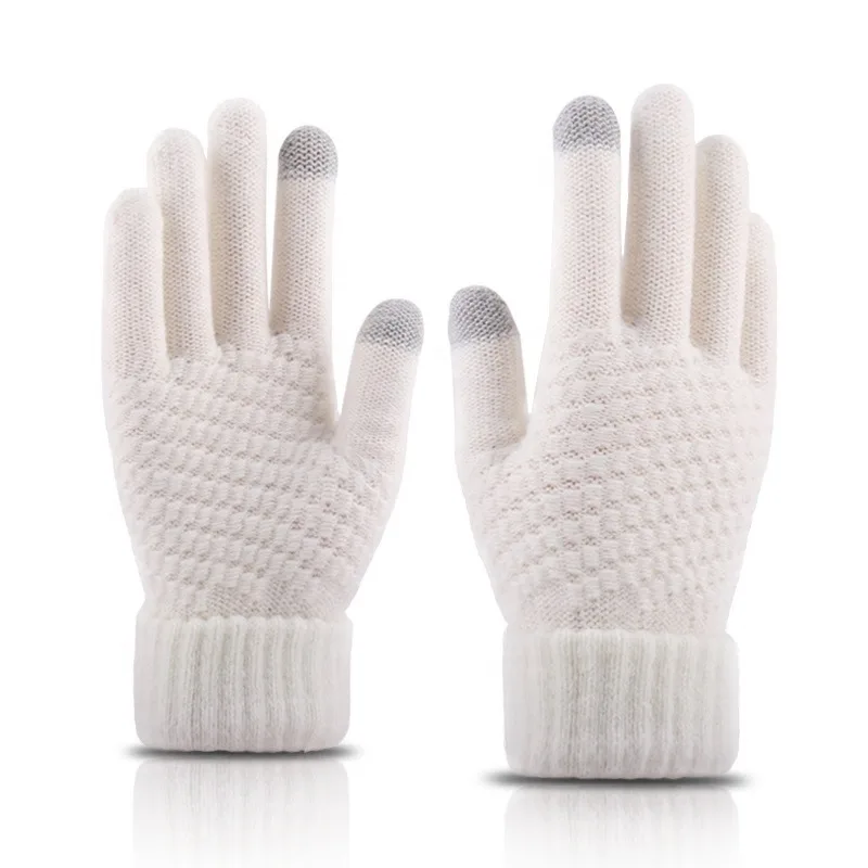 Fashion Touch Screen Women Cute Printed Wool Knitted Full Finger Mittens Winter Gloves