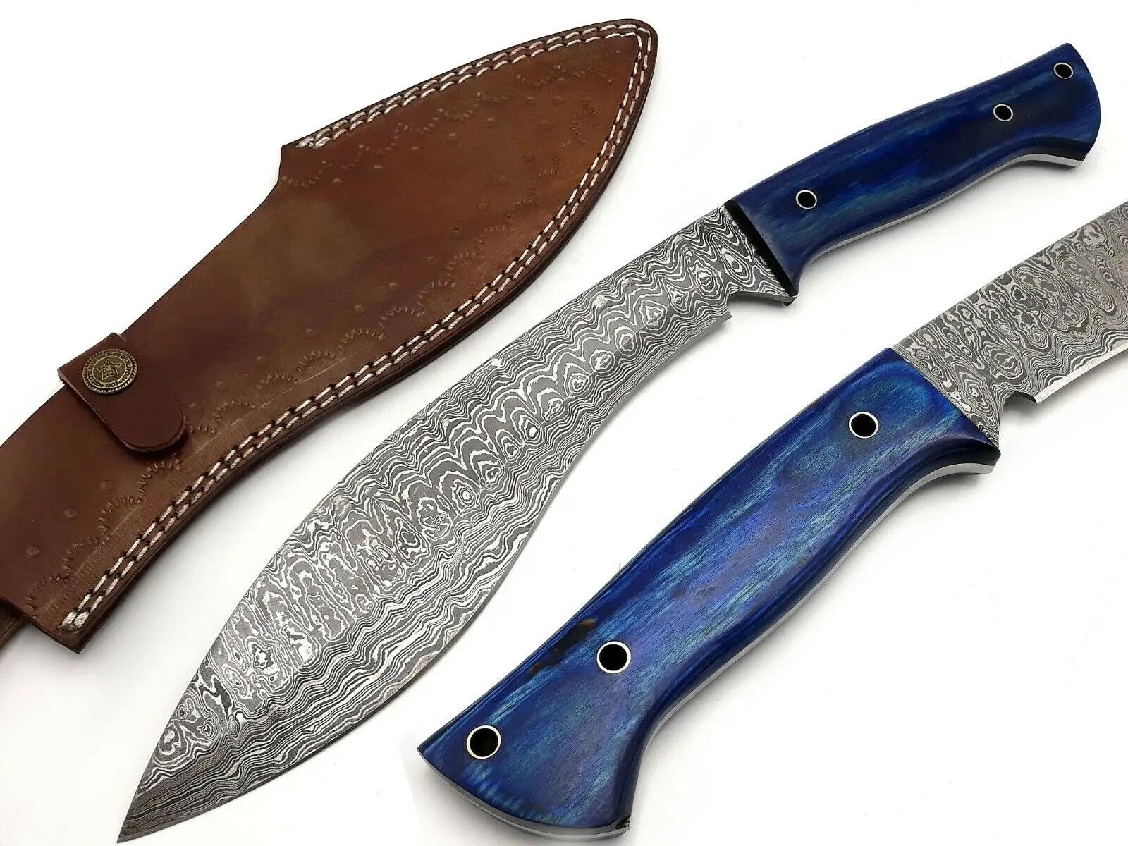
DAMASCUS STEEL TWISTED PATTERN HUNTING BOWIE KNIFE WITH PAKKA WOOD HANDLE AND LEATHER SHEATH 