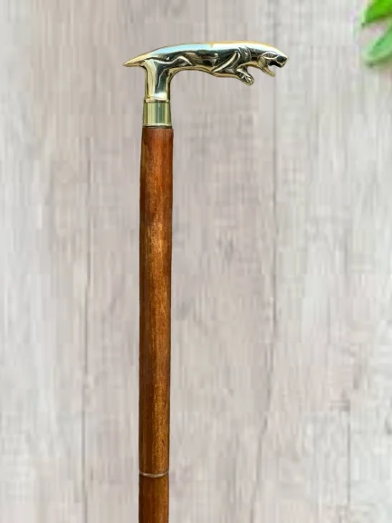 BRAND NEW BRASS JAGUAR HANDLE WOODEN WALKING STICK CANE ~ SOLID BRASS HANDLE WOODEN FOLDABLE BROWN STICK