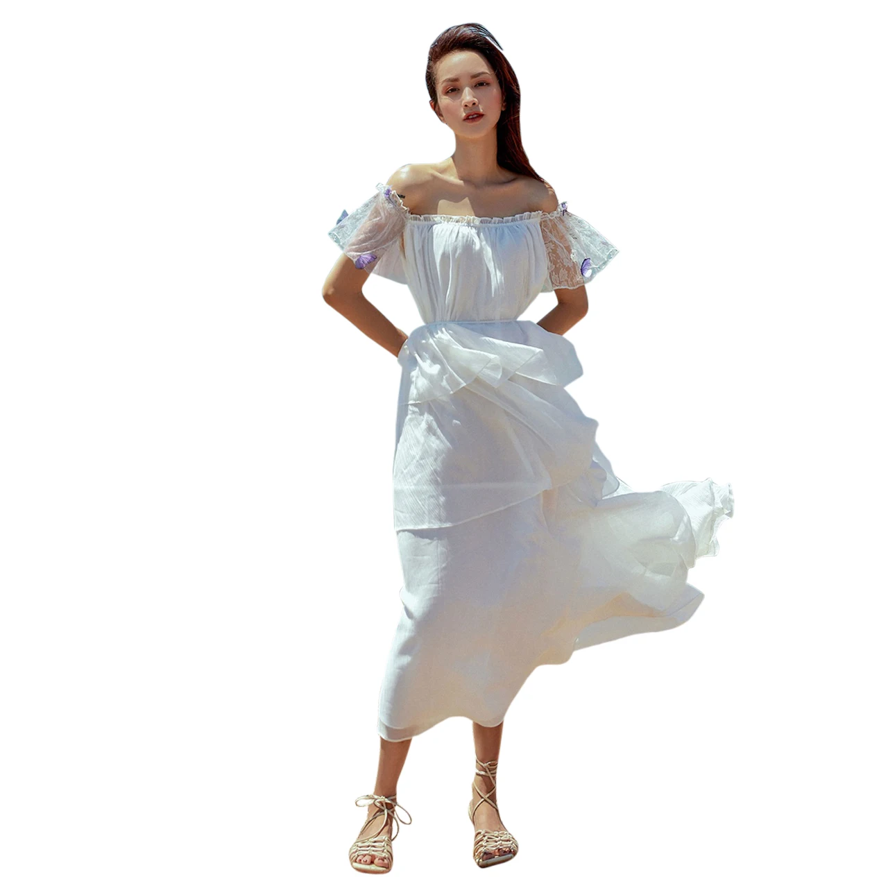 2021 New Arrival Ball Gown Boho Retro Vintage Women Sexy Off Shoulder Embroidered Flared Sleeve Lace Wedding Dresses