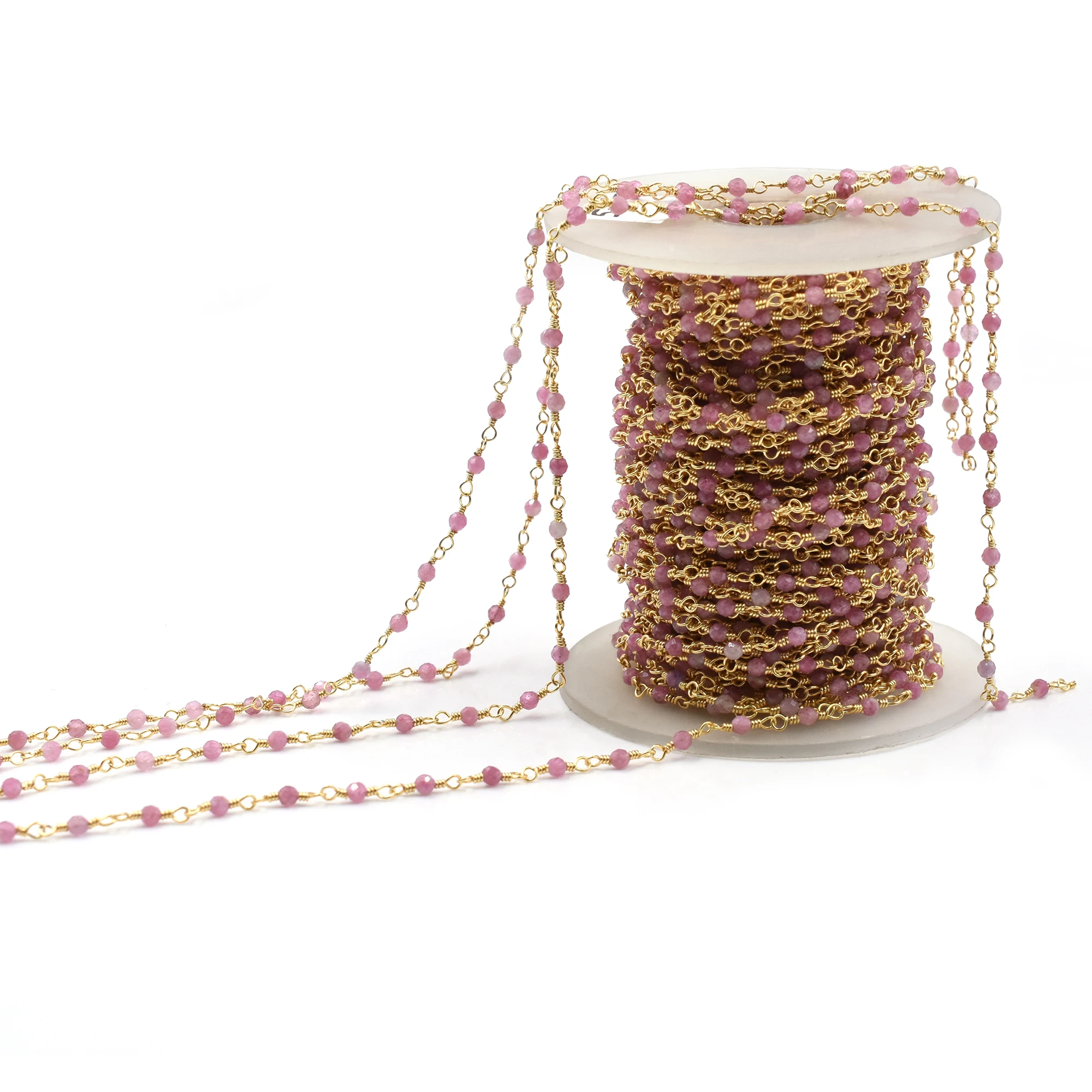 Pink Sapphire Faceted Rondelle Shape Brass Gold Plated Rosary Wire Wrapped Chain Sold by Foot