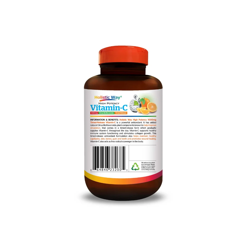 Vitamin-C 1000mg Timed-Release (100 Caplets) Maintain Healthy Capillaries Supplement Holistic Way