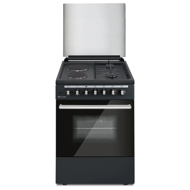 Elitline 60x60 Black Top Table With 2 Gas Burners 2 Electrical Hotplates Black Body Glass Cover Free Standing Oven