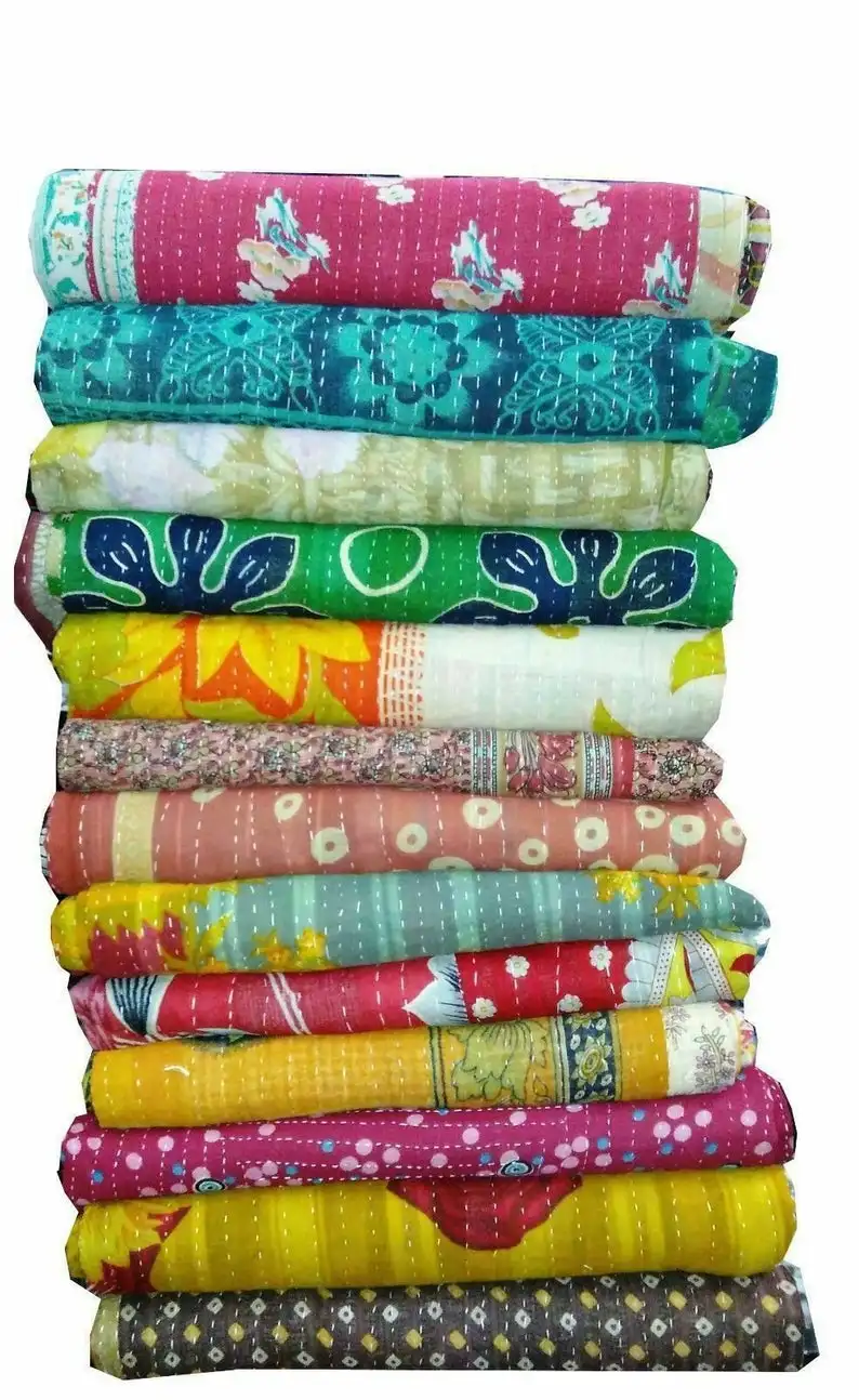 wholesale lot of indian vintage kantha quilt handmade throw reversible blanket bedspread cotton fabric bohemian quilt