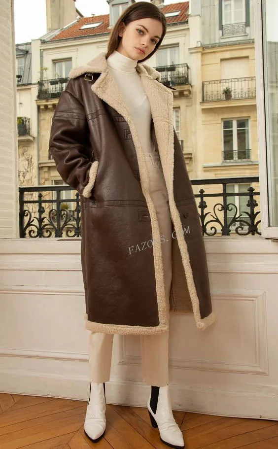 Womens Long Shearling Fur Coat Real Sheepskin Leather Jacket Causal Ladies Over Coat Winter Sherpa Fashion Long Jacket Coat