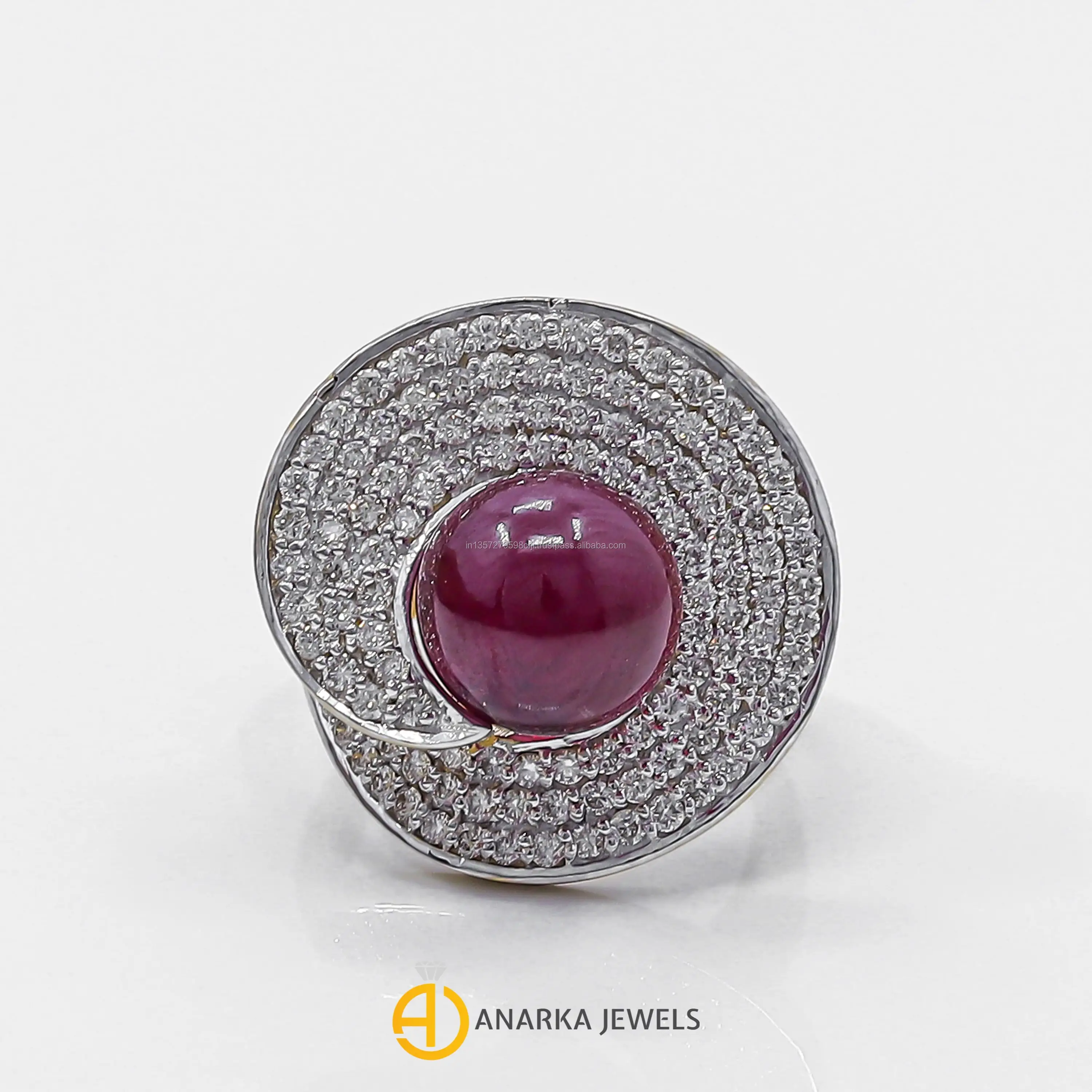 
18K Yellow Gold Vintage Unique Cocktail Diamond Ring Ruby Bead Gemstone Ring MMR-107 