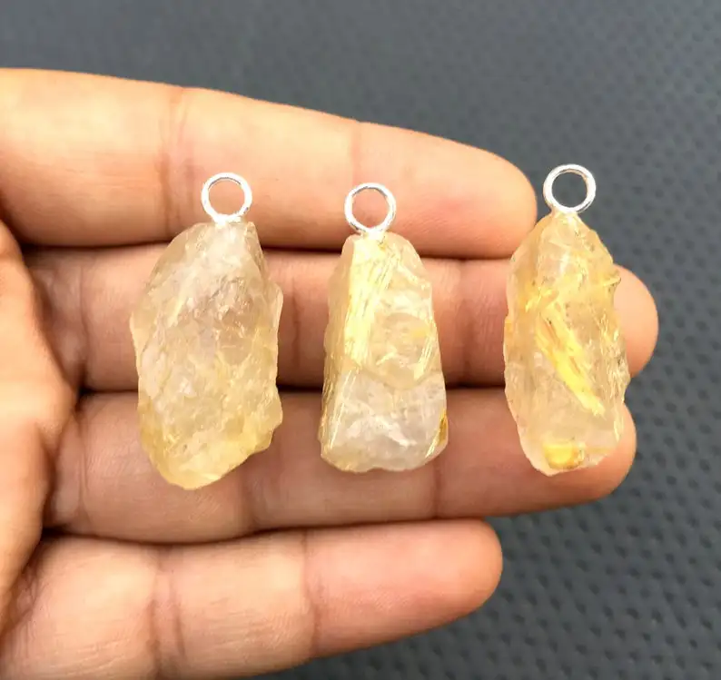Genuine Beautiful 3 Pieces Natural Golden Rutile Untreated Rough Gemstone 92.5 Sterling Silver Pendant Wholesale