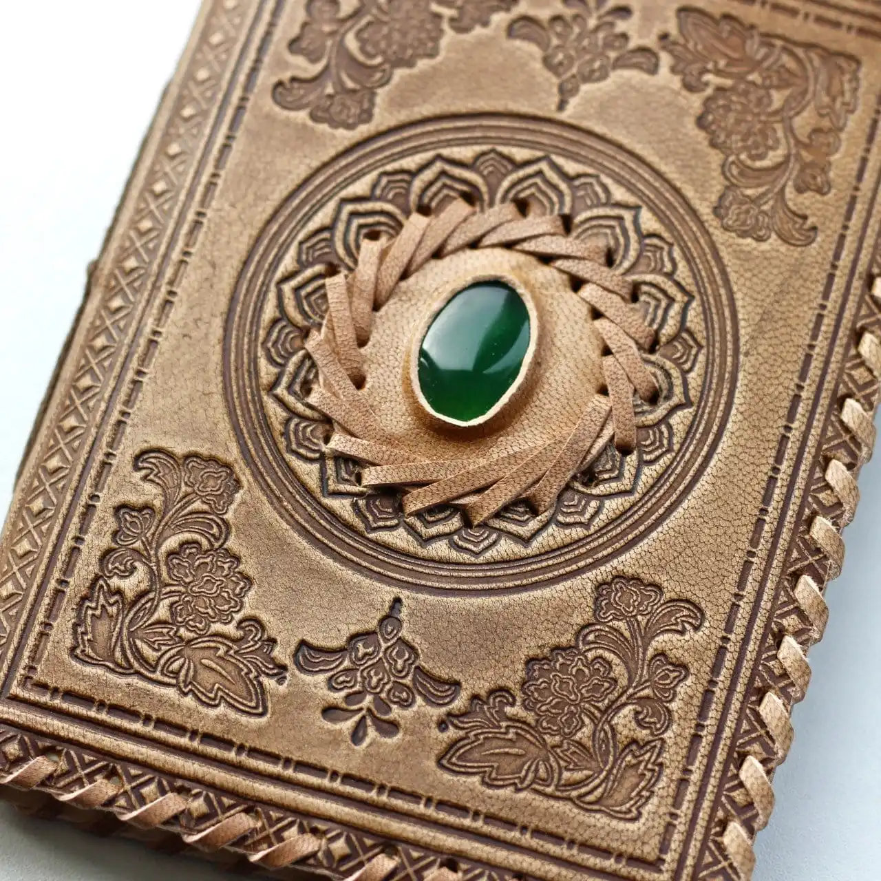 Handmade paper Leather Diary with lock, embossed mandala print with single stone with lock, travel notepad and dairy