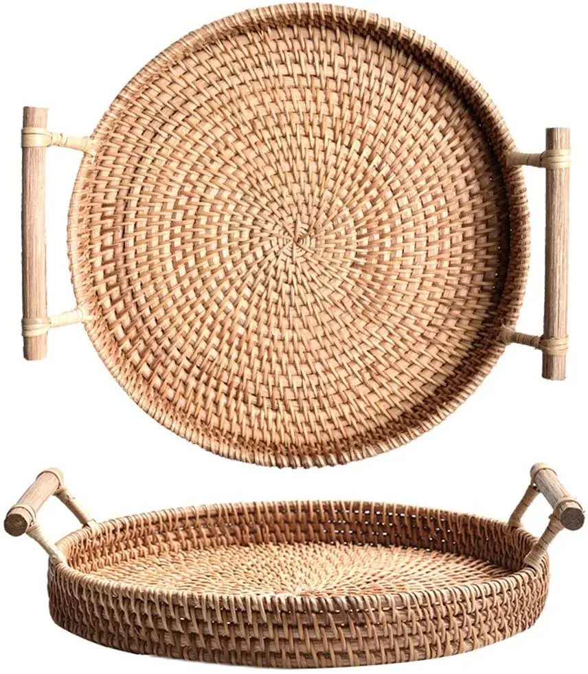 Handmade Round Rattan Tray Wicker Tray With Handles For Fruit Breakfast Eco-friendly Handicraft Items +84947900124