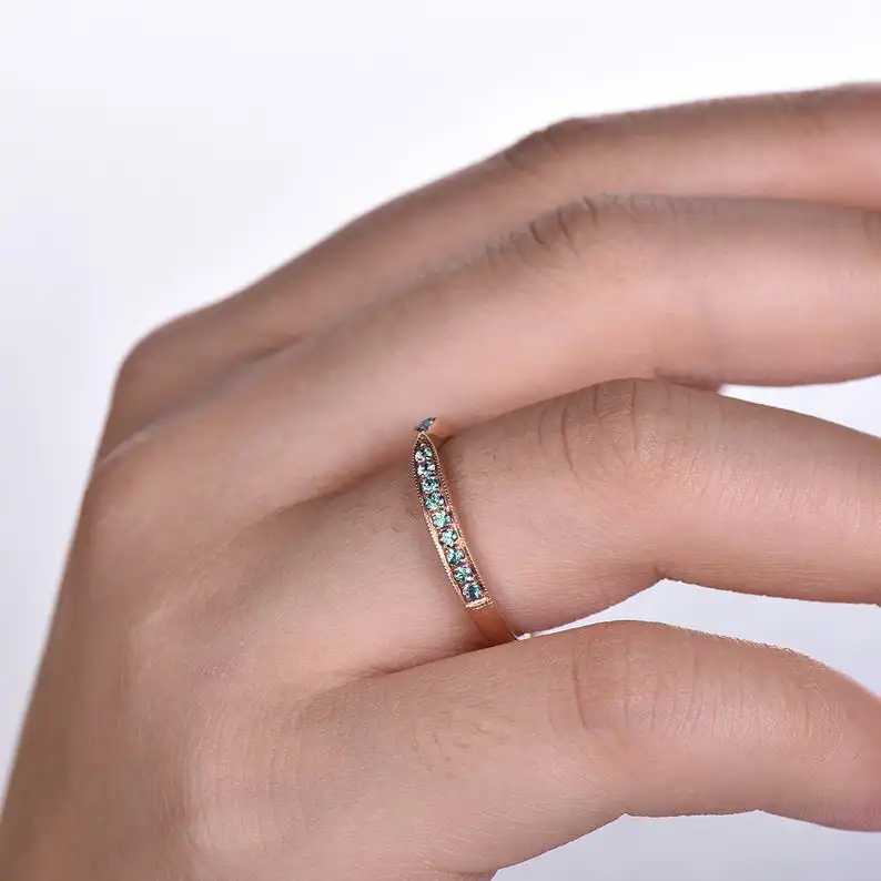 Alexandrite Ring Curve Wedding Band Chevron Sterling Silver Eternity Stacking V June Birthstone Rose Gold Plated