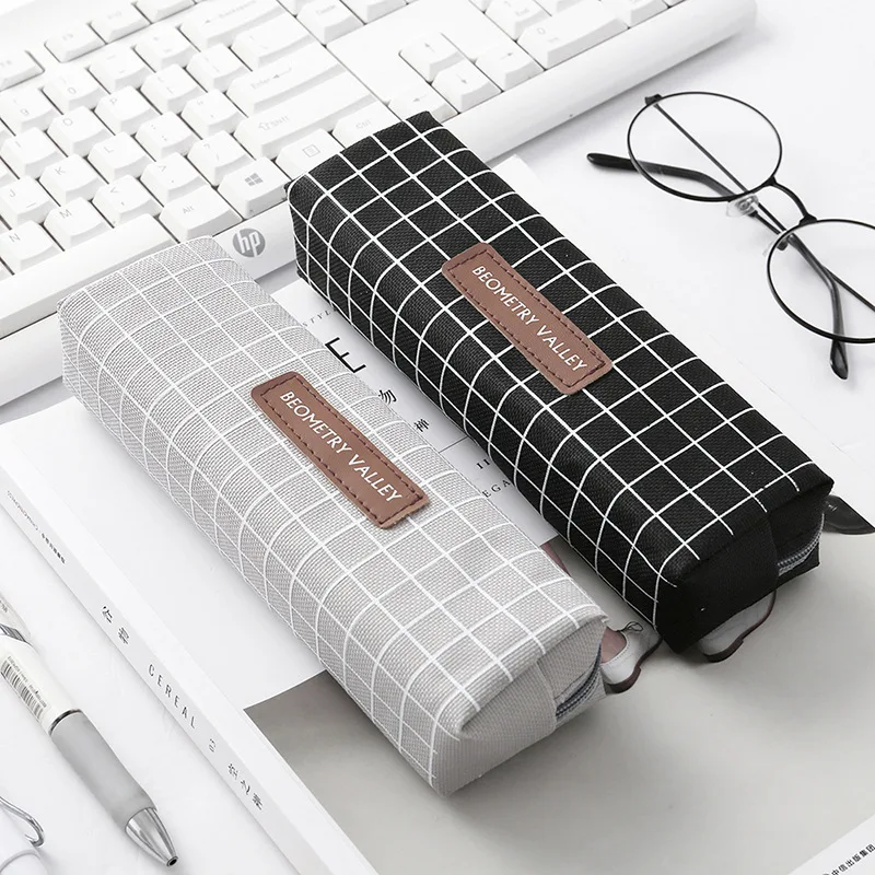 
Canvas Geometric Pencil Case School Simple Striped Grid Cute Kawaii Pencil Bag Pouch Office Students Kids Stationery Supplies 