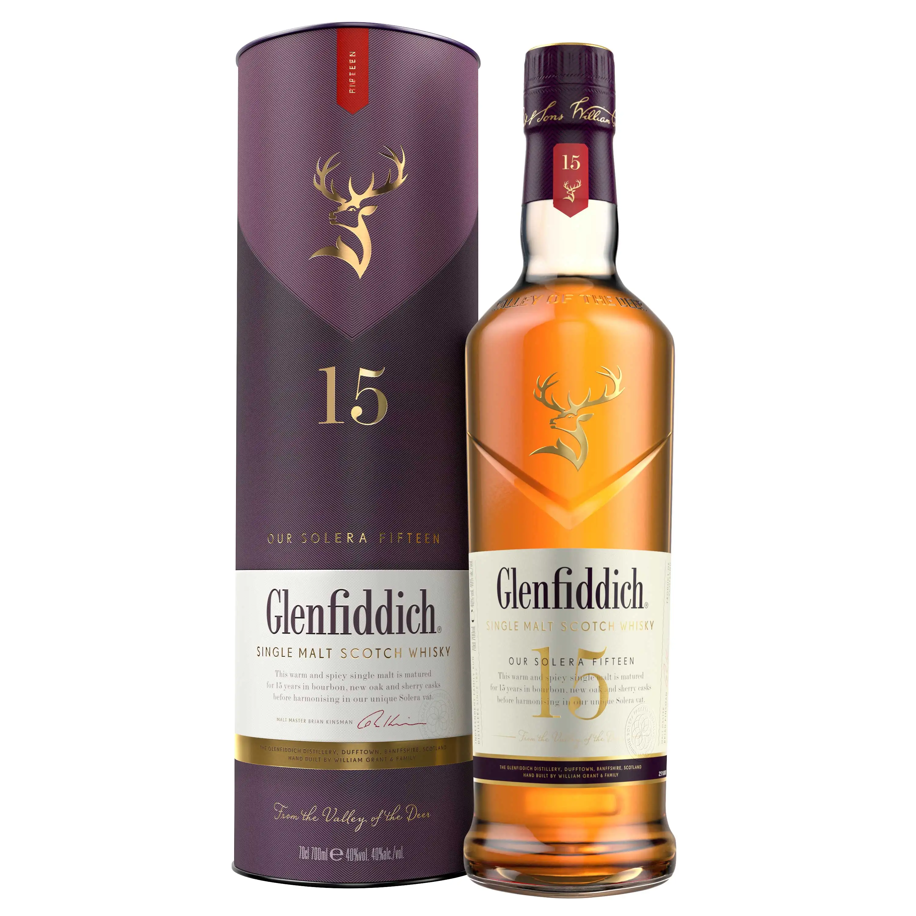 All years Glenfiddich Scotch Whisky 12, 14, 15, 18 and 21 years old available