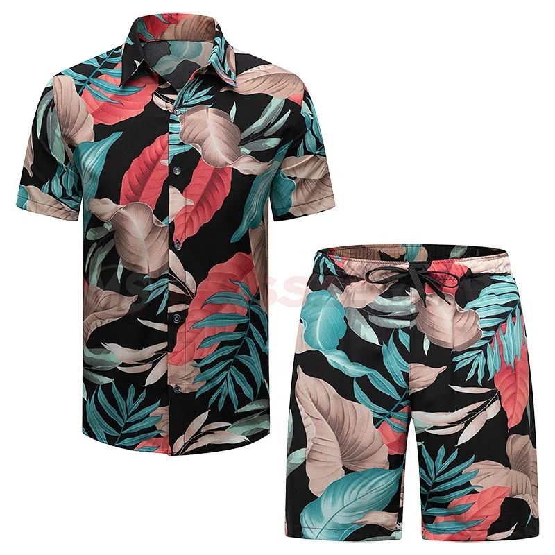2022 New Design Shirt Printing Men 100%Polyester Custom Beach Wear Casual Hawaiian Men Beach Suit Set