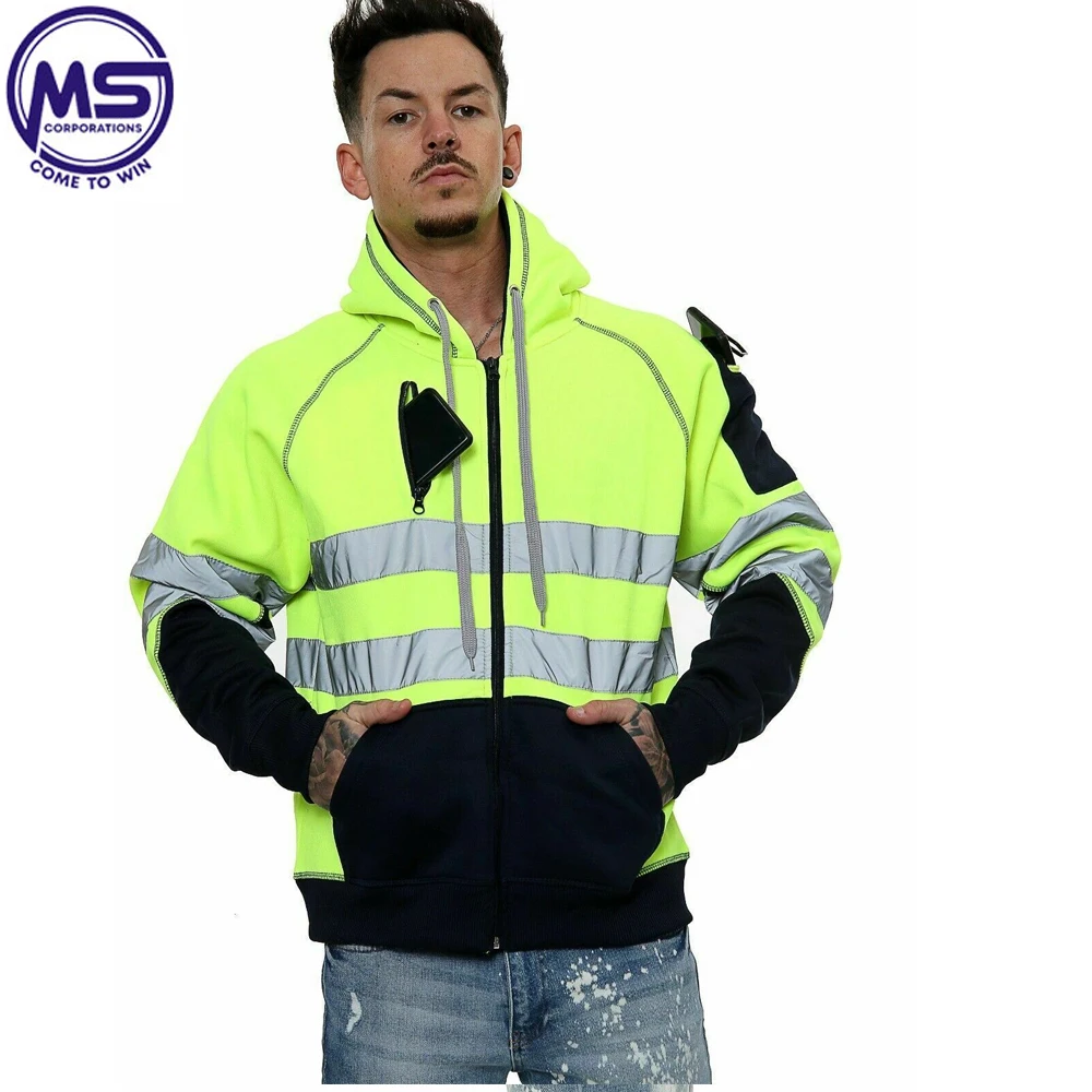 Factory in Stock Custom High Visibility Road Work wear 100% Polyester Reflective Safety Hoodies For Men