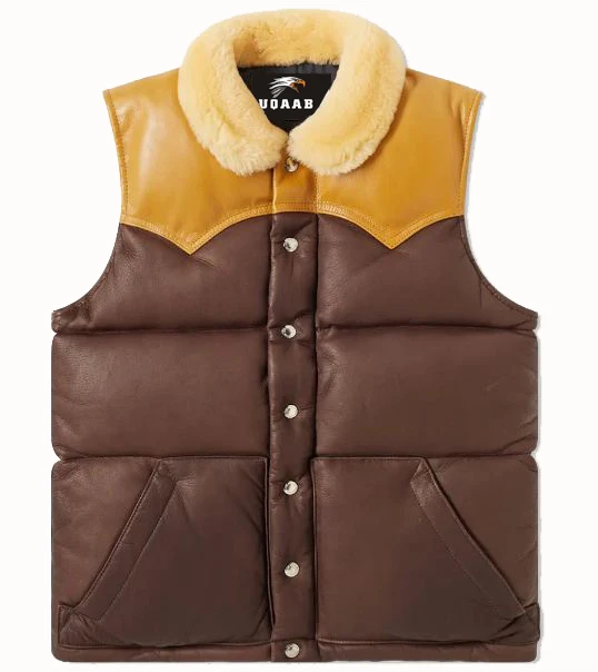 Men Down Leather Jacket Vest Shearling Collar Puffer Quilted Casual Fashion Sleeveless Padded Winter Jacket Vest OEM Wholesale
