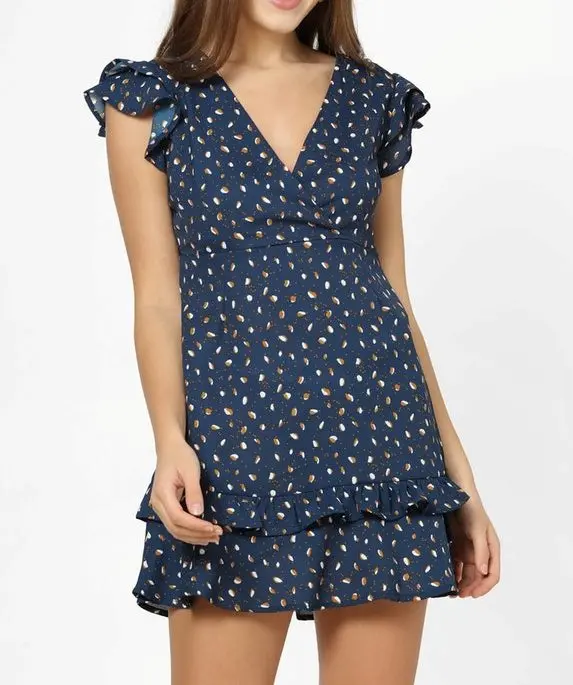 
Wholesale Women Lady Fashion Western Style blue Print polka dress with ruffles Dress 