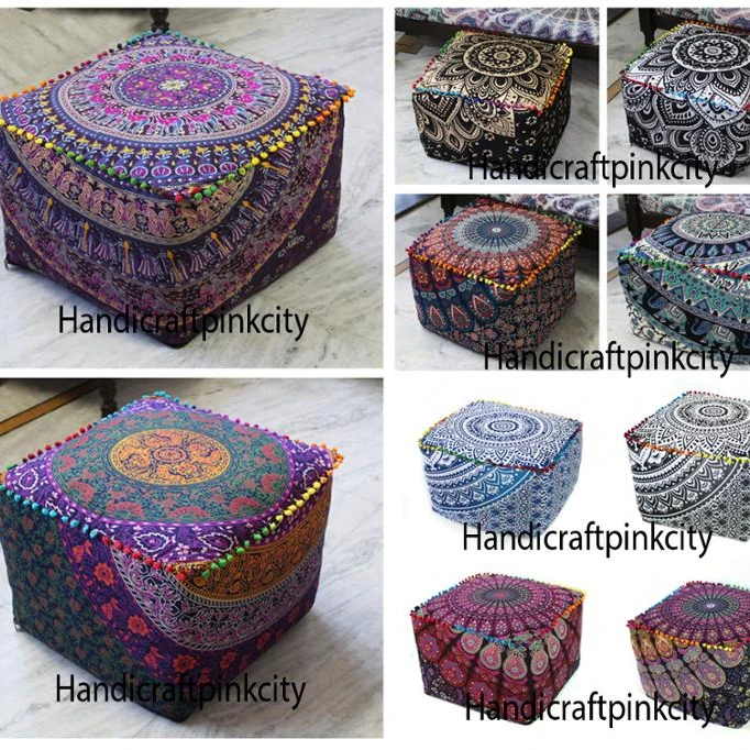 Modern Squire Shape Mandala Cotton Pouf Cover round Ottoman Stool for Home Furniture for Living Room Bedroom Hall Warehouse
