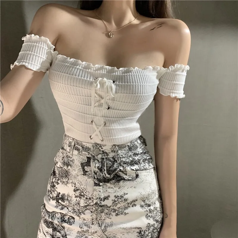 2020 Wholesale New Design Women Fashion Off-Shoulder Top Ladies Casual Short Sleeve Knitted Blouse