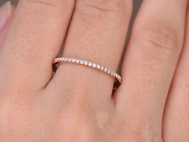 Cubic Zirconia wedding band Full eternity Engagement ring 925 Sterling silver Thin Matching Rose gold Plated CZ Ring