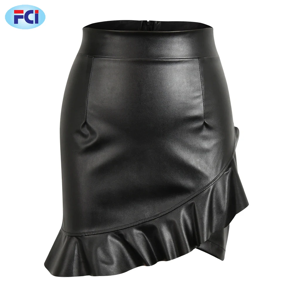 Ladies Vintage Ruffles Irregular Skirt Sexy PU Leather Party Skirts Solid Bodycon Pencil Mini Female Faux Leather Skirt
