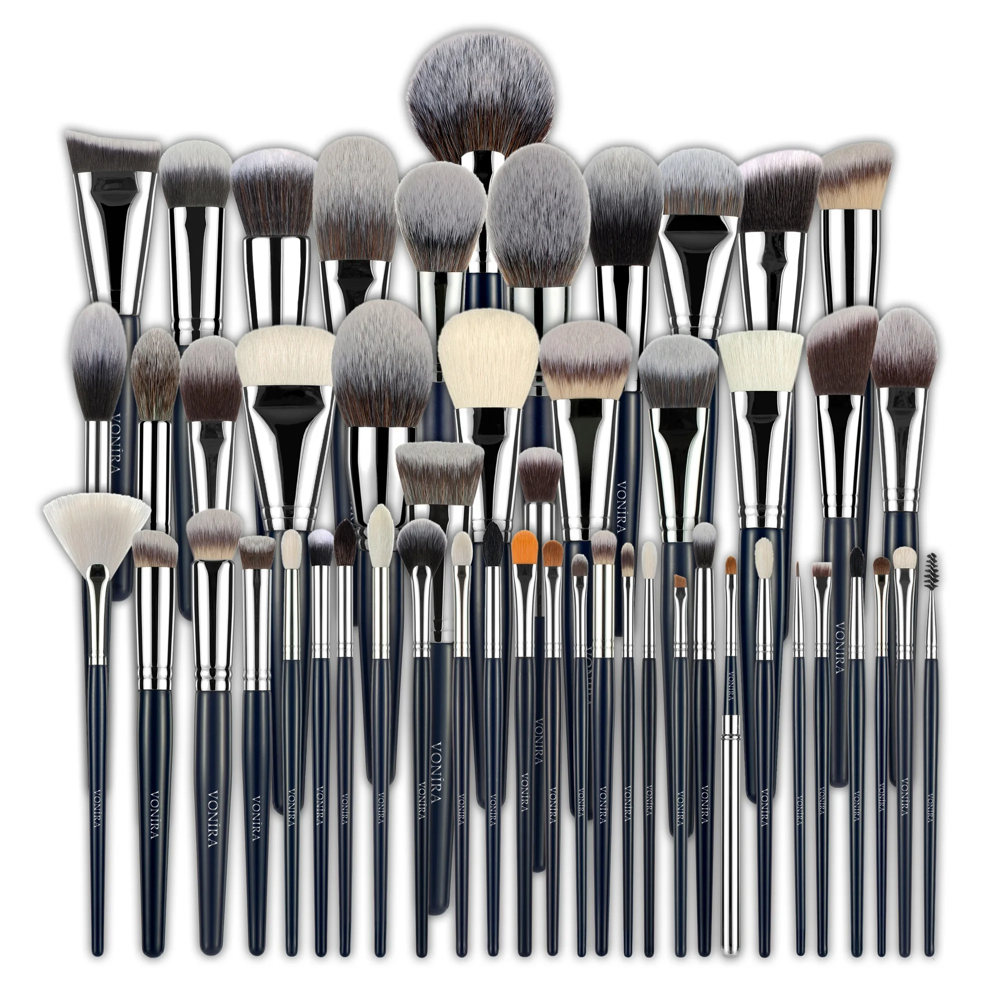 Vonira Luxury Complete 52 Pieces Professional Makeup Brush Set Private Label Custom Logo Blue Make Up Brushes With Brass Ferrule